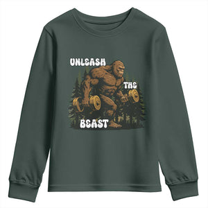 Unleash The Beast Youth Sweatshirt Funny Bigfoot Fitness Workout Gift TS12 Dark Forest Green Print Your Wear