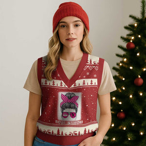 Bowling Mom Life V-Neck Knit Sweater Vest Funny Bowler Gift TS12 Red Beige Print Your Wear