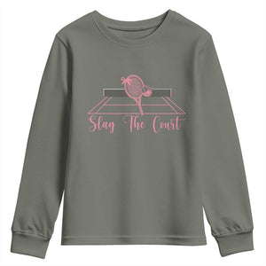 Slay The Court Tennis Girl Youth Sweatshirt Gift For Sport Lover TS12 Military Green Print Your Wear