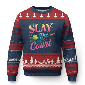 Slay The Court Queen Ugly Christmas Sweater Witty Tennis Player Gift For Girls TS12 Navy Red Print Your Wear