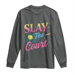 Slay The Court Queen Long Sleeve Shirt Witty Tennis Player Gift For Girls TS12 Dark Heather Print Your Wear