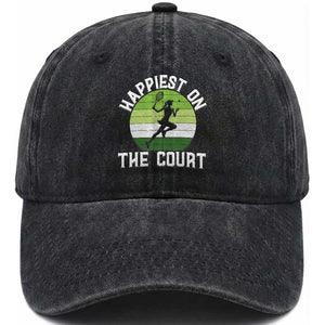 Happiest On The Court Washed Cotton Baseball Cap Vintage Retro Tennis Girl Gift TS12 Print Your Wear
