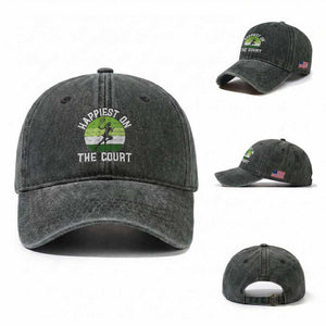 Happiest On The Court Washed Cotton Baseball Cap Vintage Retro Tennis Girl Gift TS12 Washed Cap Universal Fit Dark Green Print Your Wear