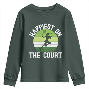 Happiest On The Court Youth Sweatshirt Vintage Retro Tennis Girl Gift TS12 Dark Forest Green Print Your Wear