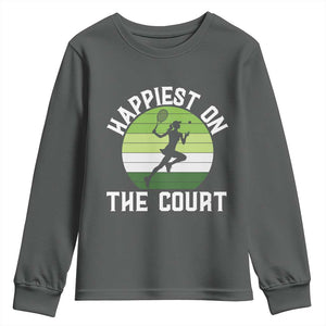 Happiest On The Court Youth Sweatshirt Vintage Retro Tennis Girl Gift TS12 Dark Heather Print Your Wear