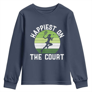 Happiest On The Court Youth Sweatshirt Vintage Retro Tennis Girl Gift TS12 Navy Print Your Wear