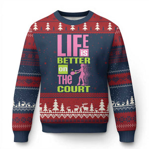 Life Is Better On The Court Ugly Christmas Sweater Gift For Tennis Fan TS12 Navy Red Print Your Wear