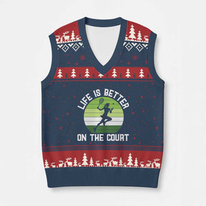 Life Is Better On The Court V-Neck Knit Sweater Vest Vintage Retro Tennis Girl Gift TS12 Navy Red Print Your Wear