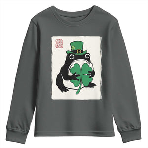 Vintage Japanese Grumpy Frog Youth Sweatshirt Lucky St Paddys Day TS12 Dark Heather Print Your Wear