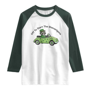 Off To Start The Shenanigans Raglan Shirt Funny Irish Raccoon TS12 White Dark Forest Green Print Your Wear