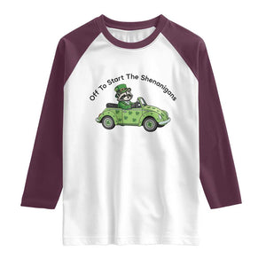 Off To Start The Shenanigans Raglan Shirt Funny Irish Raccoon TS12 White Maroon Print Your Wear