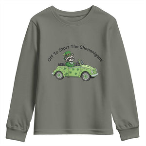 Off To Start The Shenanigans Youth Sweatshirt Funny Irish Raccoon TS12 Military Green Print Your Wear