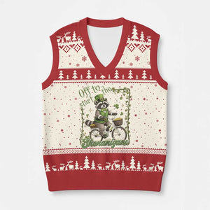 Funny Irish Raccoon Driver V-Neck Knit Sweater Vest Off To Start The Shenanigans TS12 Beige Red Print Your Wear