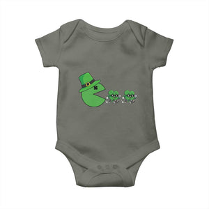 St Patricks Day Retro Gamer Eating Shamrock Lucky Gift Baby Onesie TS12 Military Green Print Your Wear