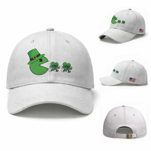 St Patricks Day Retro Gamer Eating Shamrock Lucky Gift Baseball Cap TS12 Baseball Cap Universal Fit White Print Your Wear