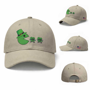 St Patricks Day Retro Gamer Eating Shamrock Lucky Gift Baseball Cap TS12 Baseball Cap Universal Fit Beige Print Your Wear