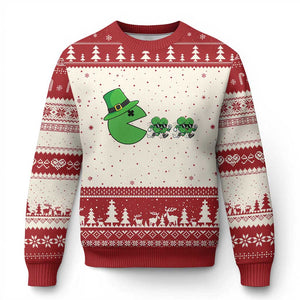 St Patricks Day Retro Gamer Eating Shamrock Lucky Gift Ugly Christmas Sweater TS12 Beige Red Print Your Wear