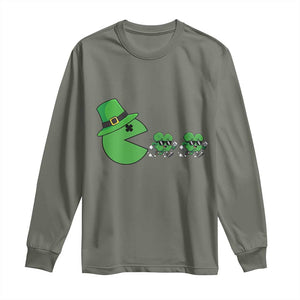 St Patricks Day Retro Gamer Eating Shamrock Lucky Gift Long Sleeve Shirt TS12 Military Green Print Your Wear