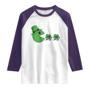 St Patricks Day Retro Gamer Eating Shamrock Lucky Gift Raglan Shirt TS12 White Purple Print Your Wear
