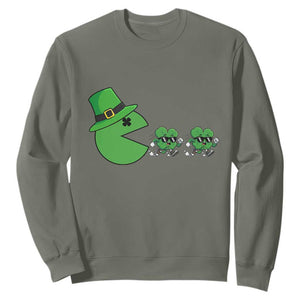 St Patricks Day Retro Gamer Eating Shamrock Lucky Gift Sweatshirt TS12 Military Green Print Your Wear