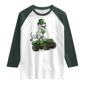 Funny St Patricks Day Dinosaur Truck Raglan Shirt Lucky Dino Gift TS12 White Dark Forest Green Print Your Wear