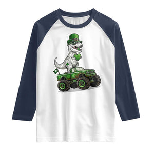 Funny St Patricks Day Dinosaur Truck Raglan Shirt Lucky Dino Gift TS12 White Navy Print Your Wear