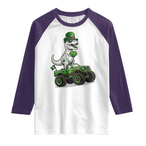 Funny St Patricks Day Dinosaur Truck Raglan Shirt Lucky Dino Gift TS12 White Purple Print Your Wear