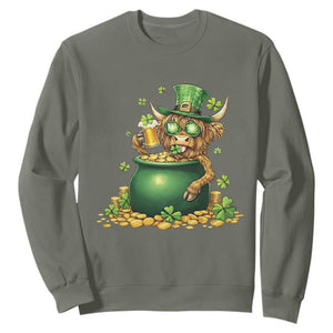 Funny Highland Cow St Patricks Day Sweatshirt Farm Lover Gift TS12 Military Green Print Your Wear
