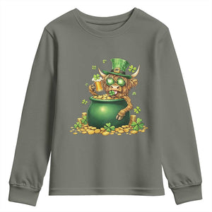Funny Highland Cow St Patricks Day Youth Sweatshirt Farm Lover Gift TS12 Military Green Print Your Wear