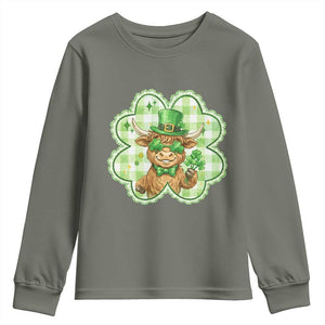 Funny Irish Highland Cow Shamrock Holiday Gift Youth Sweatshirt TS12 Military Green Print Your Wear