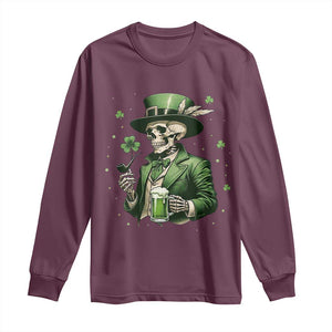 Skeleton St Patricks Day Drinking Long Sleeve Shirt Irish Party Gift TS12 Maroon Print Your Wear