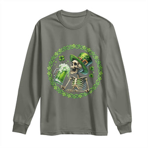 Lucky Irish Skeleton St Patricks Day Long Sleeve Shirt Beer Lover TS12 Military Green Print Your Wear