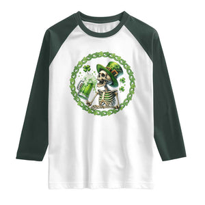 Lucky Irish Skeleton St Patricks Day Raglan Shirt Beer Lover TS12 White Dark Forest Green Print Your Wear