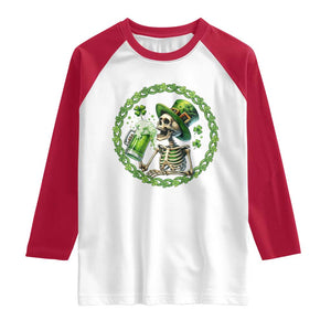 Lucky Irish Skeleton St Patricks Day Raglan Shirt Beer Lover TS12 White Red Print Your Wear