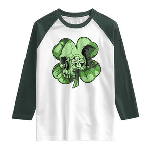 St Patricks Day Lucky Shamrock Skull Gift Raglan Shirt TS12 White Dark Forest Green Print Your Wear