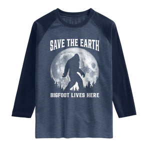 Save The Earth Bigfoot Lives Here Raglan Shirt Earth Day Nature Lover TS12 Heather Denim Navy Print Your Wear
