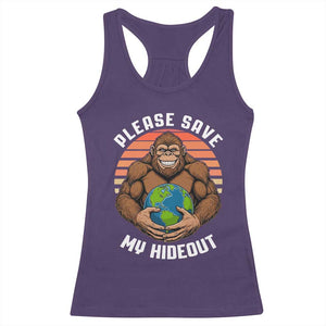 Funny Earth Day Bigfoot Racerback Tank Top Please Save My Hideout TS12 Purple Print Your Wear