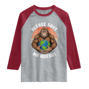 Funny Earth Day Bigfoot Raglan Shirt Please Save My Hideout TS12 Heather Gray Heather Red Print Your Wear