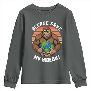 Funny Earth Day Bigfoot Youth Sweatshirt Please Save My Hideout TS12 Dark Heather Print Your Wear