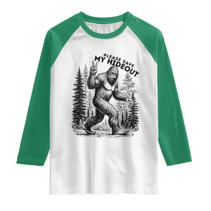 Please Save My Hideout Raglan Shirt Bigfoot Forest Protector TS12 White Kelly Green Print Your Wear