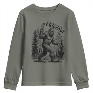 Please Save My Hideout Youth Sweatshirt Bigfoot Forest Protector TS12 Military Green Print Your Wear