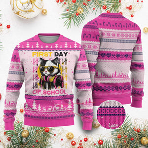 Funny Cat First Day Of School Ugly Christmas Sweater Back To School Gift For Kids TS12 Hot Pink Print Your Wear