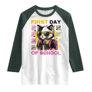 Funny Cat First Day Of School Raglan Shirt Back To School Gift For Kids TS12 White Dark Forest Green Print Your Wear