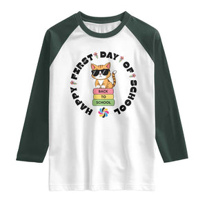 Cat Happy First Day Of School Raglan Shirt Back To School Gift For Kids TS12 White Dark Forest Green Print Your Wear
