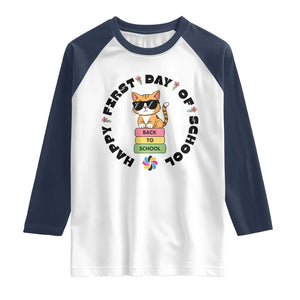Cat Happy First Day Of School Raglan Shirt Back To School Gift For Kids TS12 White Navy Print Your Wear