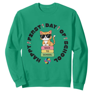 Cat Happy First Day Of School Sweatshirt Back To School Gift For Kids TS12 Irish Green Print Your Wear