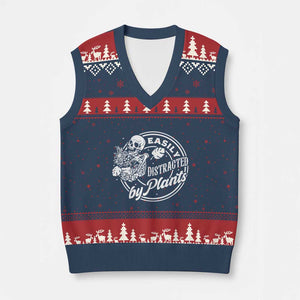 Easily Distracted By Plants Skeleton V-Neck Knit Sweater Vest Funny Gardener Plant Lover TS12 Navy Red Print Your Wear