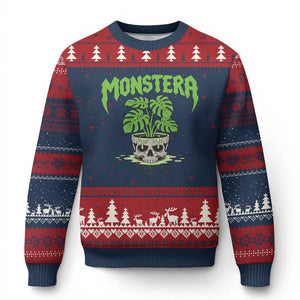 Monstera Lover Houseplant Gift Ugly Christmas Sweater Skull Plant Pot Graphic TS12 Navy Red Print Your Wear