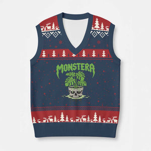 Monstera Lover Houseplant Gift V-Neck Knit Sweater Vest Skull Plant Pot Graphic TS12 Navy Red Print Your Wear