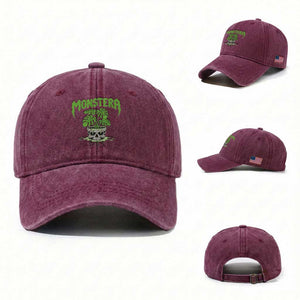 Monstera Lover Houseplant Gift Washed Cotton Baseball Cap Skull Plant Pot Graphic TS12 Washed Cap Universal Fit Burgundy Print Your Wear